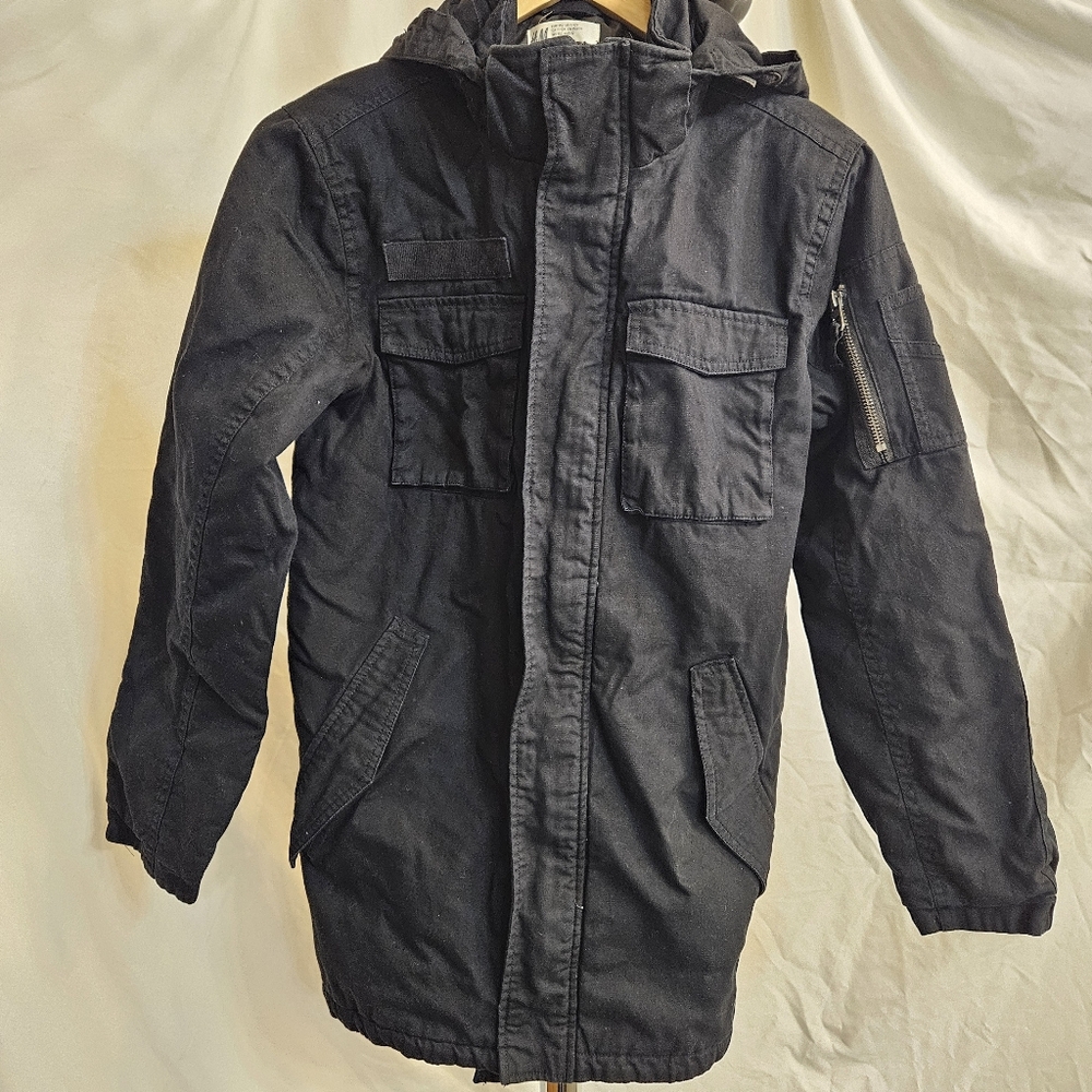 H&M Black Military Style long youth Canvas Jacket size Youth 11-12 years